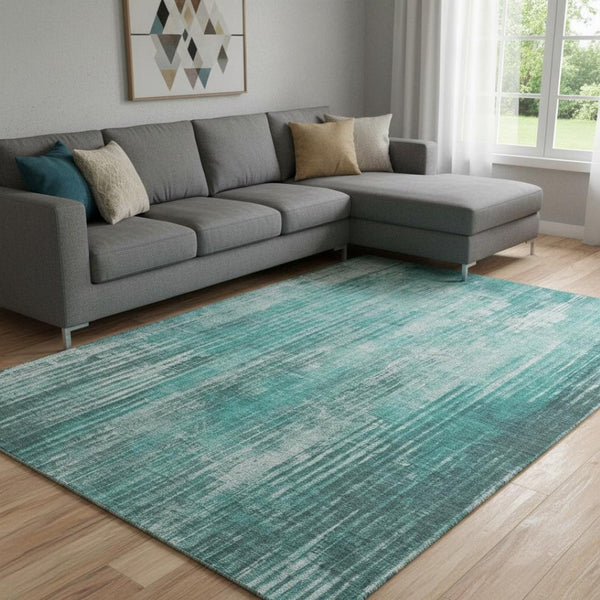 HomeRoots 10' X 14' Teal And Ivory Striped Washable Area Rug - Durable, Stain-Resistant, UV Protected Comfort 650278