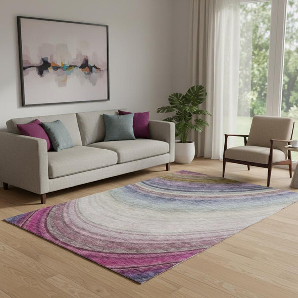 HomeRoots 5' X 8' Washable Beige Purple Blue Ombre Area Rug - Stain Resistant, UV Protected, Pet Friendly! 650292