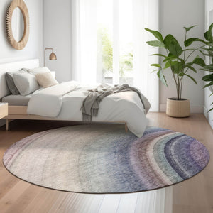 HomeRoots 8' Ombre Round Rug in Beige, Purple & Blue – Machine Washable, UV-Protected, Stain-Resistant Beauty 650293