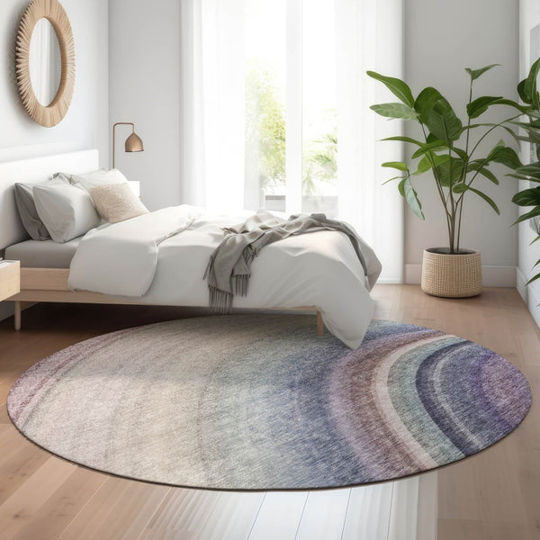 HomeRoots 8' Ombre Round Rug in Beige, Purple & Blue – Machine Washable, UV-Protected, Stain-Resistant Beauty 650293