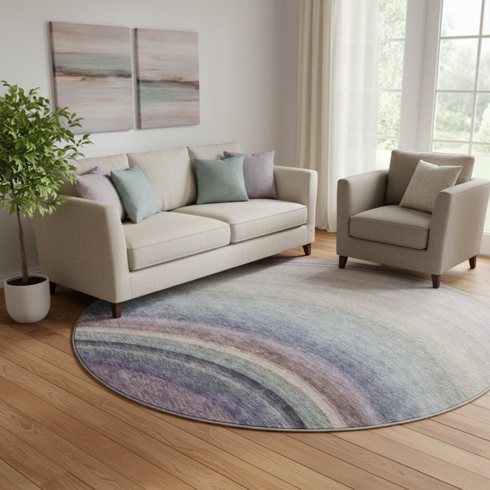 HomeRoots 8' Ombre Round Rug in Beige, Purple & Blue – Machine Washable, UV-Protected, Stain-Resistant Beauty 650293