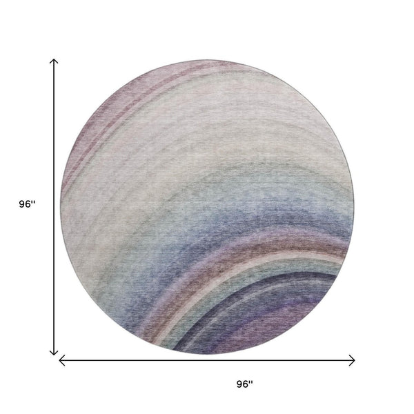 HomeRoots 8' Ombre Round Rug in Beige, Purple & Blue – Machine Washable, UV-Protected, Stain-Resistant Beauty 650293