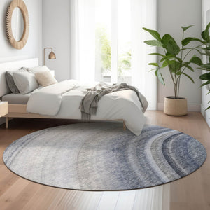 HomeRoots 8' Blue Ivory and Gray Ombre Round Rug - Washable, UV Protected, Durable Design for Modern Spaces 650299
