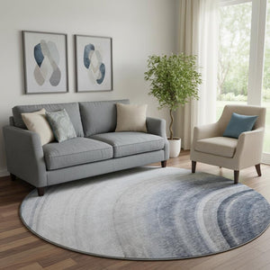 HomeRoots 8' Blue Ivory and Gray Ombre Round Rug - Washable, UV Protected, Durable Design for Modern Spaces 650299