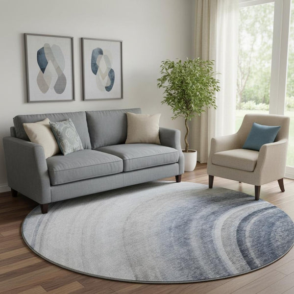 HomeRoots 8' Blue Ivory and Gray Ombre Round Rug - Washable, UV Protected, Durable Design for Modern Spaces 650299