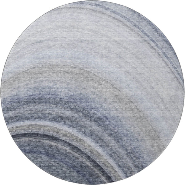 HomeRoots 8' Blue Ivory and Gray Ombre Round Rug - Washable, UV Protected, Durable Design for Modern Spaces 650299