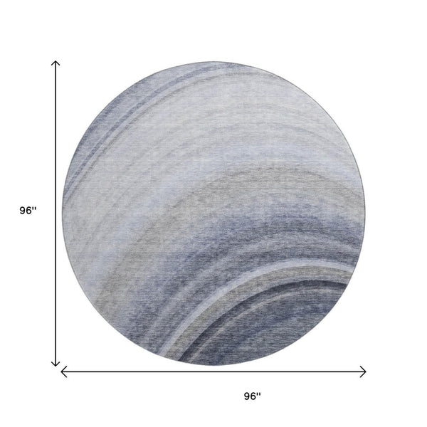 HomeRoots 8' Blue Ivory and Gray Ombre Round Rug - Washable, UV Protected, Durable Design for Modern Spaces 650299