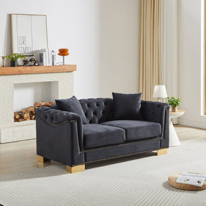 English Elm {video] Chesterfield Two-seater Velvet Sofa with Nailhead Trim and Tufted Gold Leg Luxury Black+Blue W1926S00094