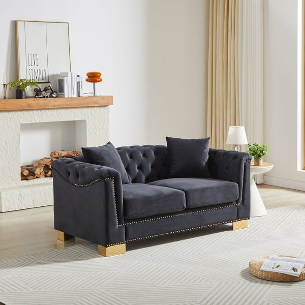 English Elm {video] Chesterfield Two-seater Velvet Sofa with Nailhead Trim and Tufted Gold Leg Luxury Black+Blue W1926S00094