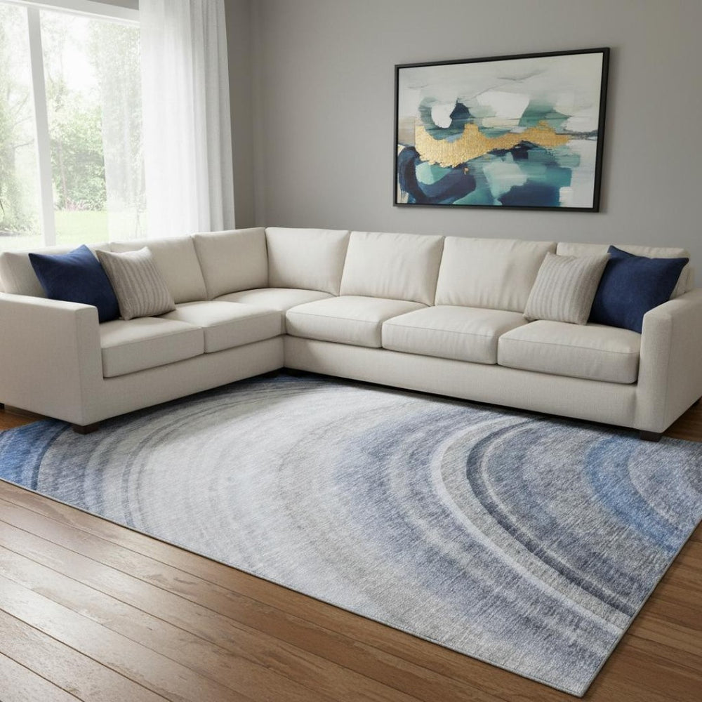 HomeRoots 9' X 12' Ombre Area Rug in Blue, Ivory, and Gray – Stylish, Washable, UV Protected for Family Homes 650301
