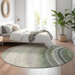 HomeRoots 8' Ombre Round Rug in Green, Ivory, Gray - Washable, UV Protected, Durable for Homes with Kids & Pets 650305