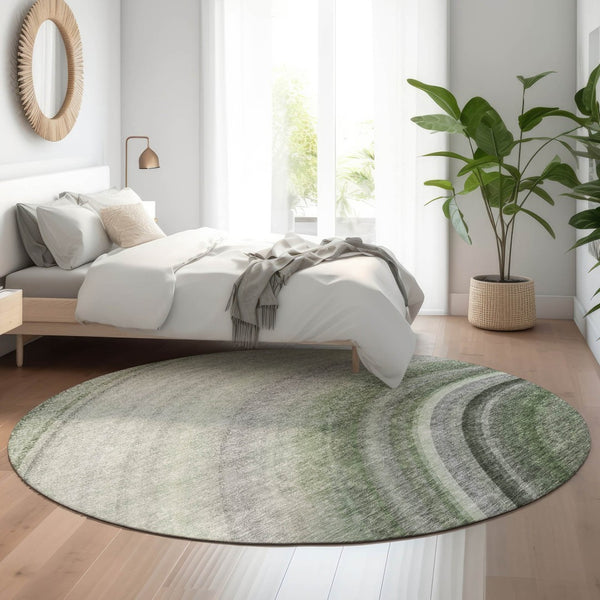 HomeRoots 8' Ombre Round Rug in Green, Ivory, Gray - Washable, UV Protected, Durable for Homes with Kids & Pets 650305