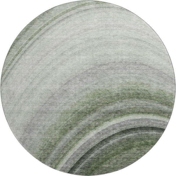 HomeRoots 8' Ombre Round Rug in Green, Ivory, Gray - Washable, UV Protected, Durable for Homes with Kids & Pets 650305