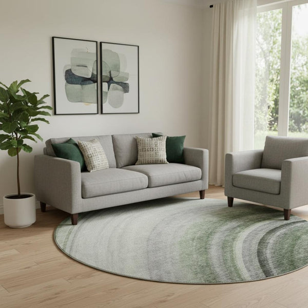 HomeRoots 8' Ombre Round Rug in Green, Ivory, Gray - Washable, UV Protected, Durable for Homes with Kids & Pets 650305