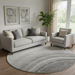 HomeRoots 8' Washable Gray Ivory Beige Ombre Round Rug - UV Protected, Stain Resistant, Modern Stylish Design 650311