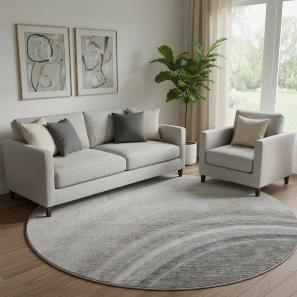 HomeRoots 8' Washable Gray Ivory Beige Ombre Round Rug - UV Protected, Stain Resistant, Modern Stylish Design 650311