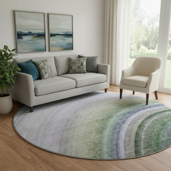 HomeRoots 8' Vibrant Teal, Purple & Green Ombre Washable Round Rug with UV Protection for Busy Homes 650317