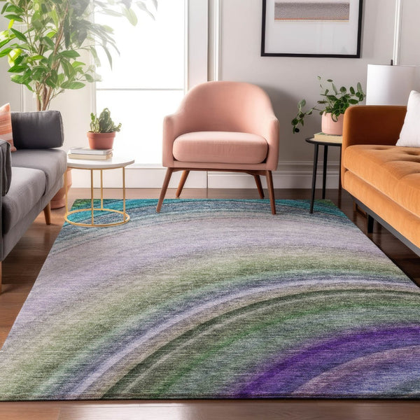 HomeRoots 8' Teal, Purple & Green Ombre Washable Area Rug - Durable, UV-Protected, Stain-Resistant Design! 650318
