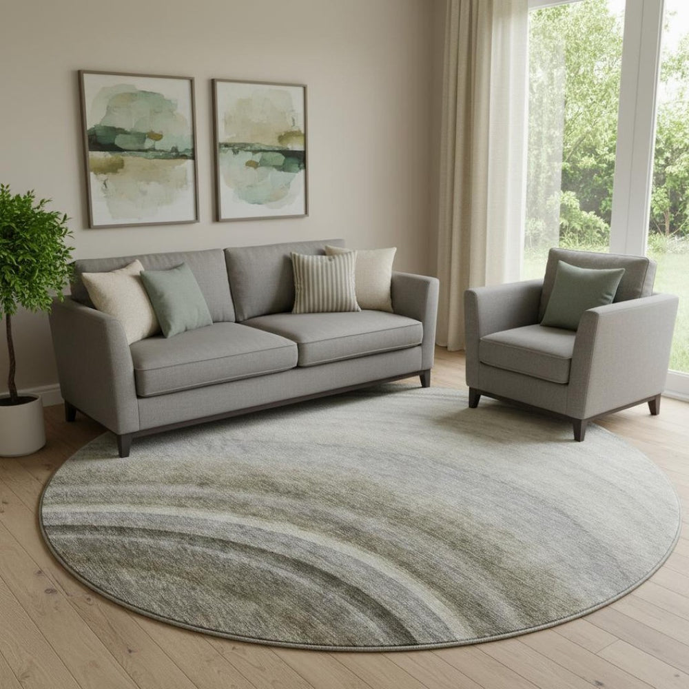 HomeRoots 8' Washable Taupe Gold Gray Ombre Round Rug - UV Protected, Durable, Perfect for High-Traffic Areas 650323