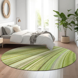 HomeRoots 8' Contemporary Artichoke Green, Ivory & Purple Abstract Washable Round Rug with UV Protection 650329