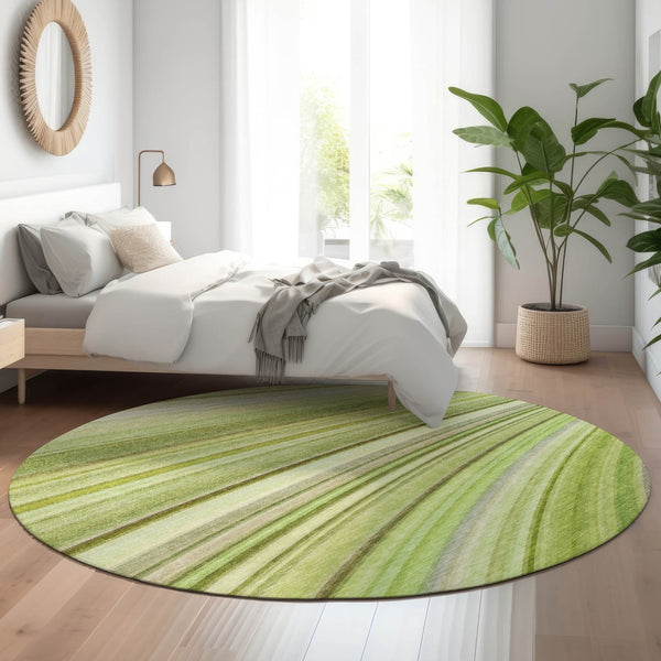 HomeRoots 8' Contemporary Artichoke Green, Ivory & Purple Abstract Washable Round Rug with UV Protection 650329