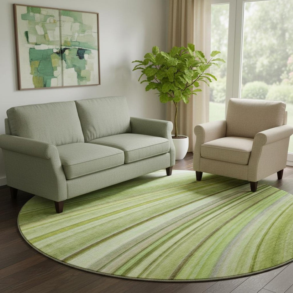HomeRoots 8' Contemporary Artichoke Green, Ivory & Purple Abstract Washable Round Rug with UV Protection 650329