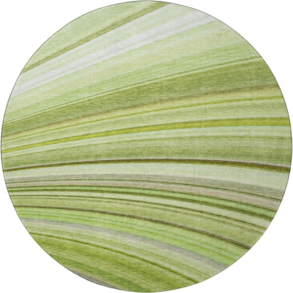 HomeRoots 8' Contemporary Artichoke Green, Ivory & Purple Abstract Washable Round Rug with UV Protection 650329