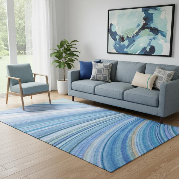 HomeRoots 5' X 8' Vibrant Blue Ivory Gold Abstract Washable Area Rug - UV Protected, Stain Resistant Design! 650340