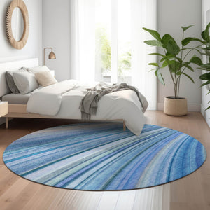 HomeRoots 8' Blue Ivory Gold Abstract Round Rug - Washable, UV-Protected, Stain-Resistant for High-Traffic Areas 650341