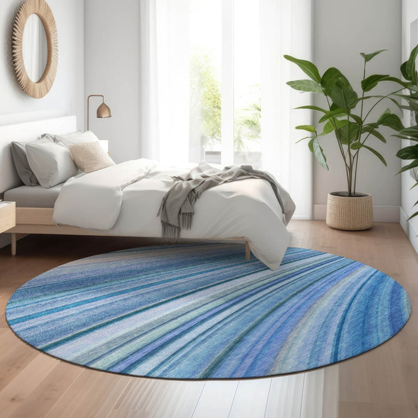 HomeRoots 8' Blue Ivory Gold Abstract Round Rug - Washable, UV-Protected, Stain-Resistant for High-Traffic Areas 650341