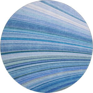 HomeRoots 8' Blue Ivory Gold Abstract Round Rug - Washable, UV-Protected, Stain-Resistant for High-Traffic Areas 650341