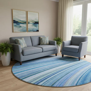 HomeRoots 8' Blue Ivory Gold Abstract Round Rug - Washable, UV-Protected, Stain-Resistant for High-Traffic Areas 650341