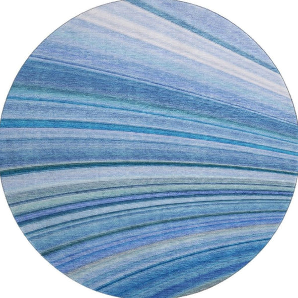 HomeRoots 8' Blue Ivory Gold Abstract Round Rug - Washable, UV-Protected, Stain-Resistant for High-Traffic Areas 650341