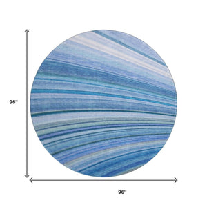 HomeRoots 8' Blue Ivory Gold Abstract Round Rug - Washable, UV-Protected, Stain-Resistant for High-Traffic Areas 650341
