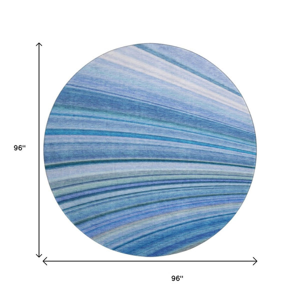 HomeRoots 8' Blue Ivory Gold Abstract Round Rug - Washable, UV-Protected, Stain-Resistant for High-Traffic Areas 650341