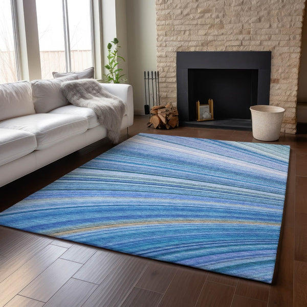 HomeRoots 8' X 10' Blue Ivory Gold Abstract Area Rug - Washable, UV Protected, Pet-Friendly for Modern Homes 650342