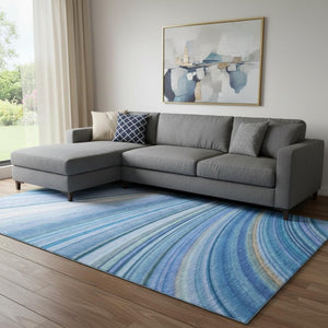 HomeRoots 8' X 10' Blue Ivory Gold Abstract Area Rug - Washable, UV Protected, Pet-Friendly for Modern Homes 650342