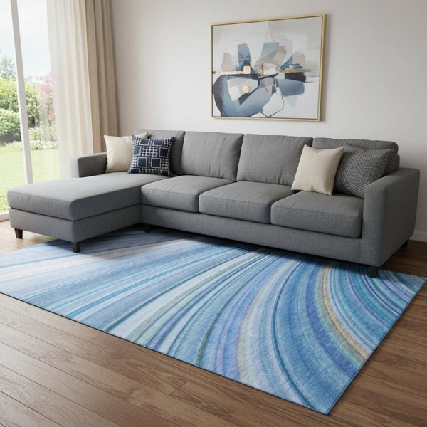 HomeRoots 9' X 12' Abstract Area Rug in Blue, Ivory & Gold - Washable, UV-Protected, Perfect for Homes! 650343
