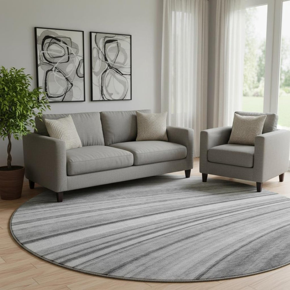 HomeRoots 8' Gray and Ivory Abstract Round Rug – Washable, UV-Protected, Stylish Comfort for Modern Spaces 650347