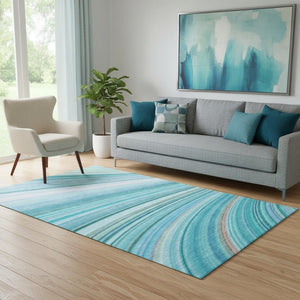 HomeRoots 5' Teal and Ivory Abstract Area Rug – Washable, UV Protected, Durable, Perfect for Family Spaces! 650352