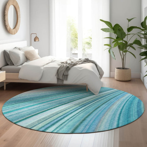 HomeRoots 8' Teal And Ivory Abstract Washable Round Rug - Stylish UV-Protected, Pet-Friendly, Easy-Care Design 650353
