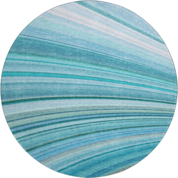 HomeRoots 8' Teal And Ivory Abstract Washable Round Rug - Stylish UV-Protected, Pet-Friendly, Easy-Care Design 650353