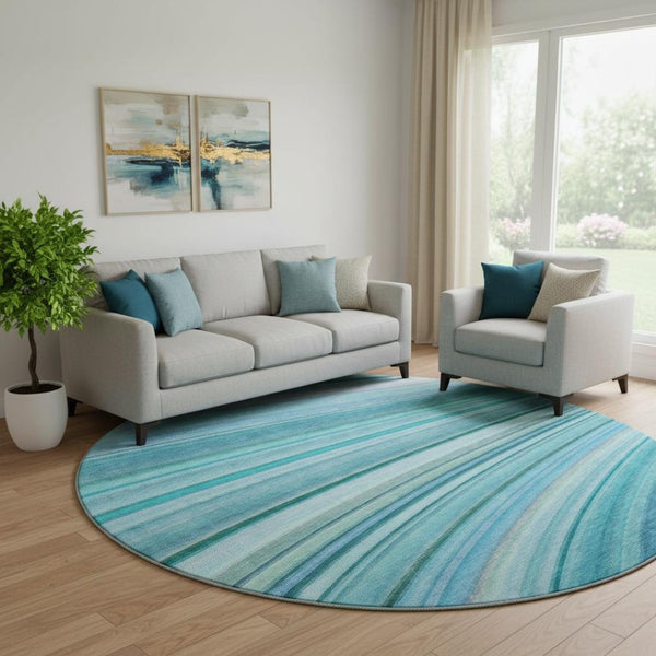 HomeRoots 8' Teal And Ivory Abstract Washable Round Rug - Stylish UV-Protected, Pet-Friendly, Easy-Care Design 650353