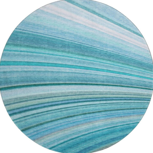 HomeRoots 8' Teal And Ivory Abstract Washable Round Rug - Stylish UV-Protected, Pet-Friendly, Easy-Care Design 650353