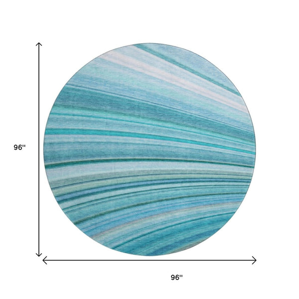 HomeRoots 8' Teal And Ivory Abstract Washable Round Rug - Stylish UV-Protected, Pet-Friendly, Easy-Care Design 650353