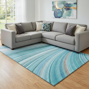 HomeRoots 8' X 10' Teal & Ivory Abstract Area Rug - Washable, UV Protected, Durable for High-Traffic Spaces 650354