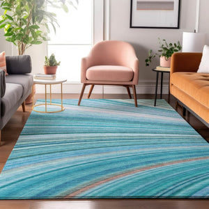 HomeRoots 8' X 10' Teal & Ivory Abstract Area Rug - Washable, UV Protected, Durable for High-Traffic Spaces 650354
