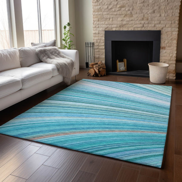 HomeRoots 8' X 10' Teal & Ivory Abstract Area Rug - Washable, UV Protected, Durable for High-Traffic Spaces 650354