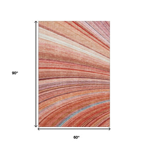 HomeRoots 5' X 8' Durable Terra Cotta, Blue & Ivory Striped Washable Area Rug with Stain & UV Protection 650358