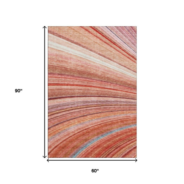 HomeRoots 5' X 8' Durable Terra Cotta, Blue & Ivory Striped Washable Area Rug with Stain & UV Protection 650358